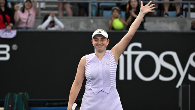 Latvia’s Jelena Ostapenko celebrates winning against Australia’s Kimberly Birrell in the first round of the Australian Open. Picture: AFP