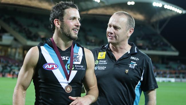 Port Adelaide leaders Travis Boak and Ken Hinkley after The Showdown. Picture: SARAH REED.