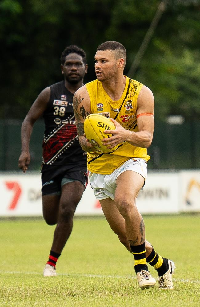 Brandan Parfitt on his Round 10 return to the Nightcliff Tigers against the Tiwi Bombers in the 2024-25 NTFL season. Picture: Jack Riddiford / AFLNT Media