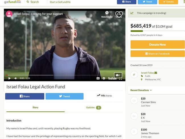 A screen grab from Israel Folau’s GoFundMe page. Picture: Supplied