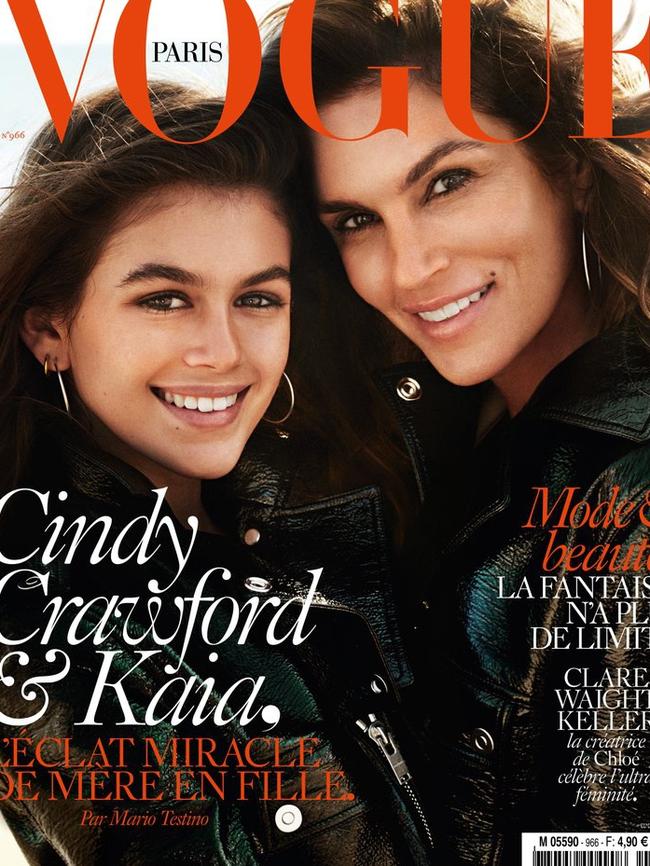 Kaia Gerber appeared with her mum, Cindy Crawford on the cover of Vogue Paris. Picture: Vogue