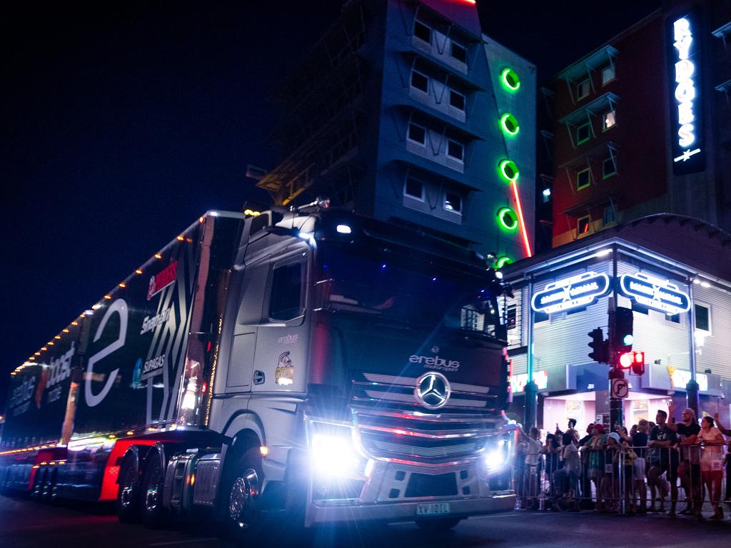 A convoy of trucks arrives in Darwin's CBD to announce the arrival of the Supercars for the round at Hidden Valley Raceway. Picture: Che Chorley