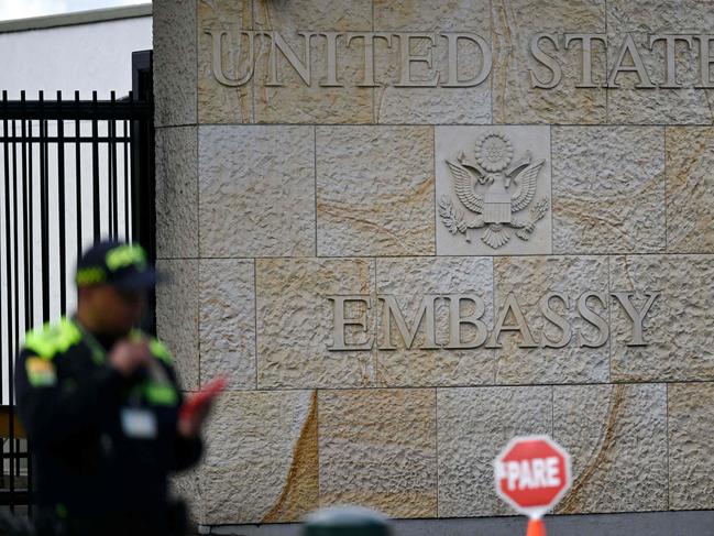 A guard stands outside the United States Embassy in Bogota. Picture: AFP