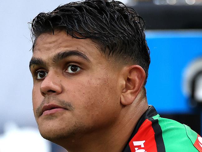 Rabbitoh's Latrell Mitchell on the bench during NRL match between the South Sydney Rabbitohs and the Cronulla Sharks at ANZ Stadium. Picture. Phil Hillyard