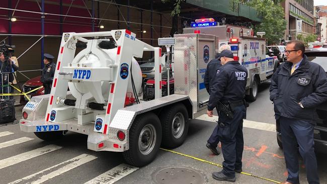 NYPD's Total Containment vessel arrives as law enforcement respond to the scene of a suspicious package at a postal facility on Friday. Picture: AP