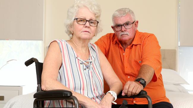 Keith O'Brien's wife has cancer and was suffering from leg swelling. Mr O'Brien said he had to spend 14.5 hours in pain. Photo of him with wife Robin O'Brien at home.