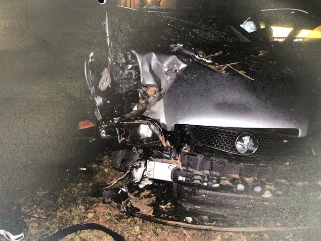 Crash scene pictures tendered in court of Marlee Rose Kelley's Holden Commodore after ploughing into a tree at Wyongah. Picture: supplied.