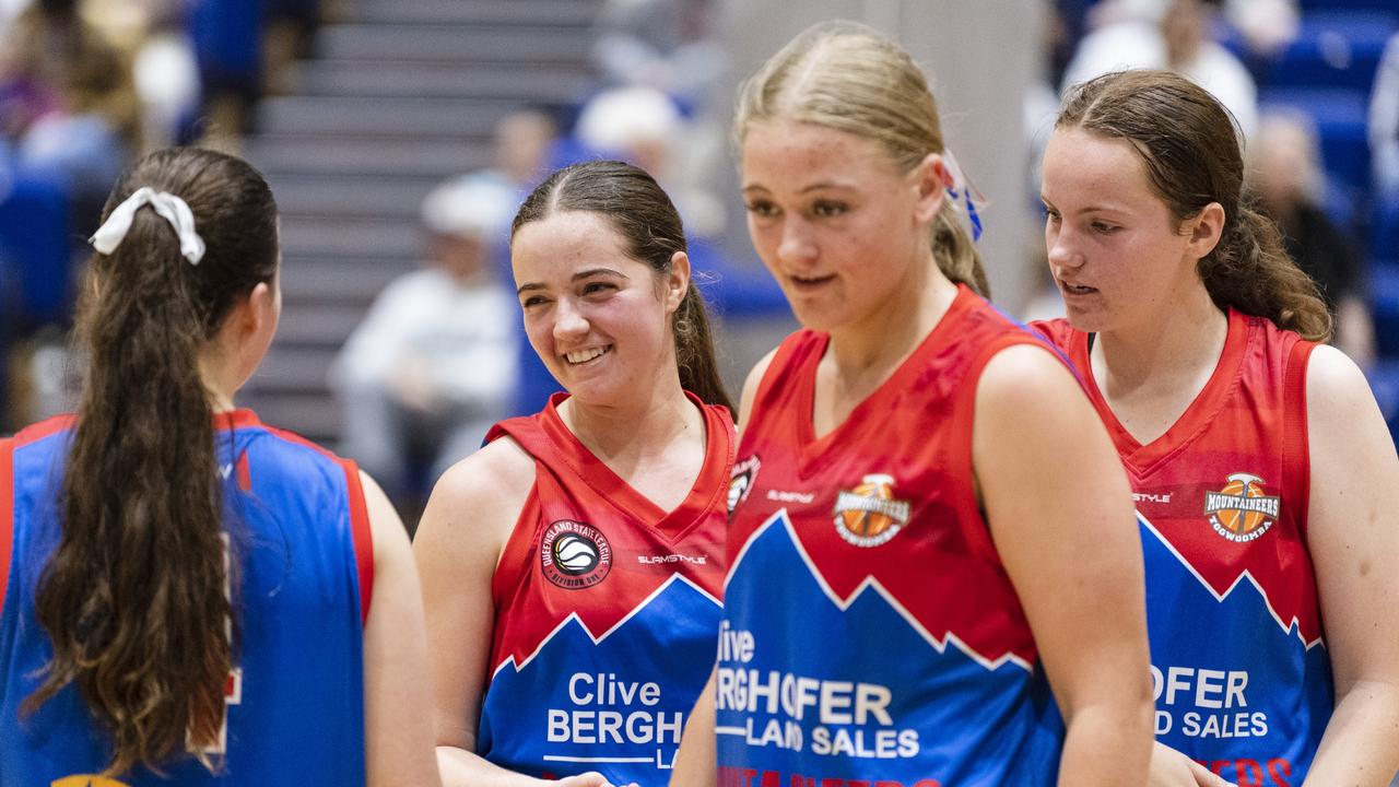 Ashleigh Lynch (centre) celebrates with her Toowoomba Mountaineers teammates. Picture: Kevin Farmer