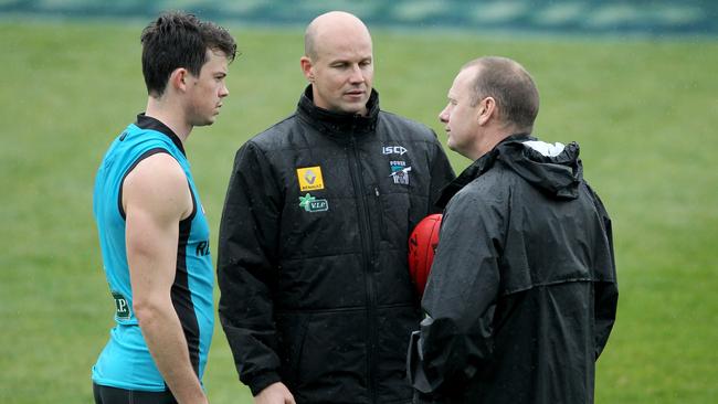 Port Adelaide training on AAMI Stadium - Jasper Pittard with Matthew Nicks and Ken Hinkley