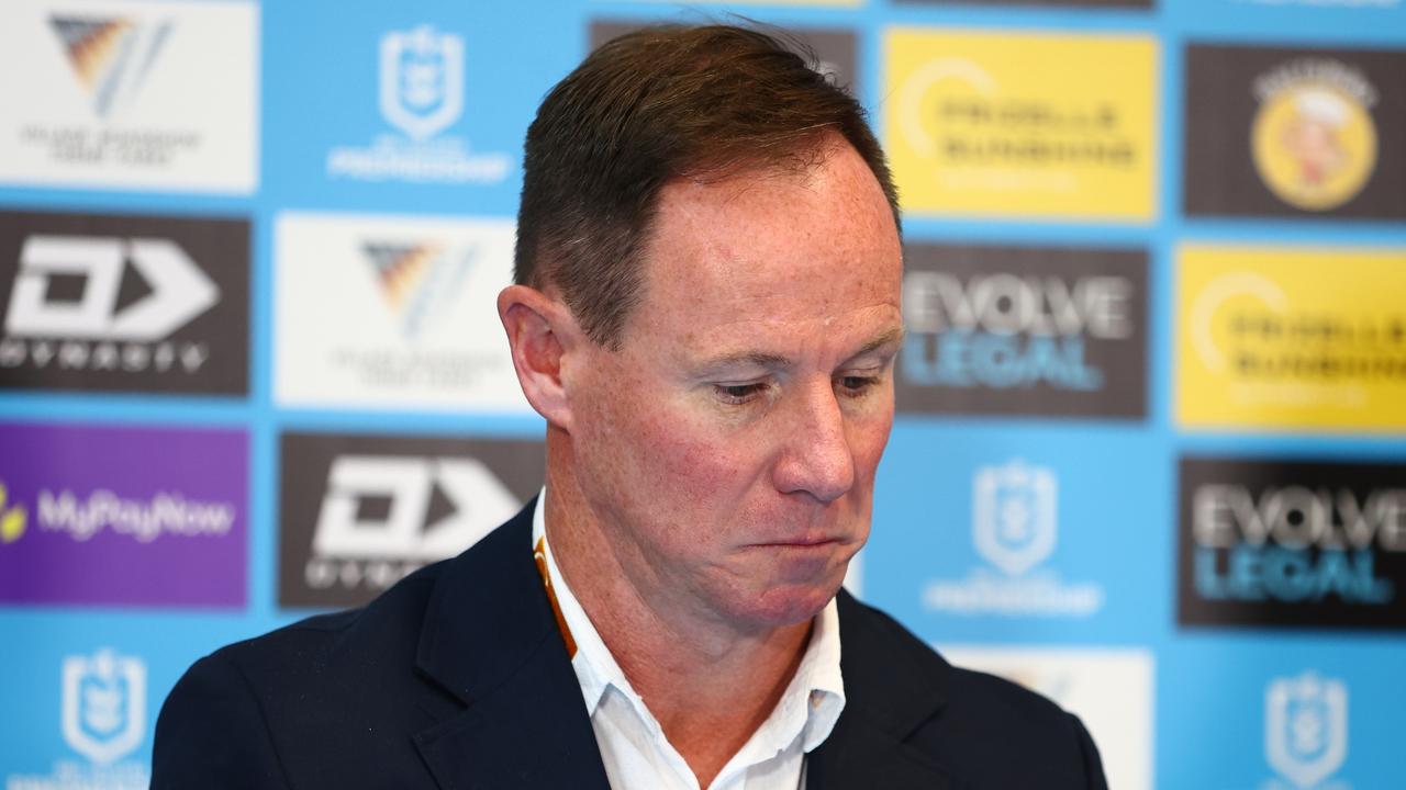 GOLD COAST, AUSTRALIA - JULY 16: Titans coach Justin Holbrook speaks to media during the round 18 NRL match between the Gold Coast Titans and the Brisbane Broncos at Cbus Super Stadium, on July 16, 2022, in Gold Coast, Australia. (Photo by Chris Hyde/Getty Images)