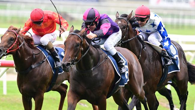 All Inclusive, ridden by Ryan Maloney for David Vandyke, wins the QTIS Jewel Prelude 2YO Colts and Geldings Plate at Doomben. Picture: Grant Peters/Trackside Photography