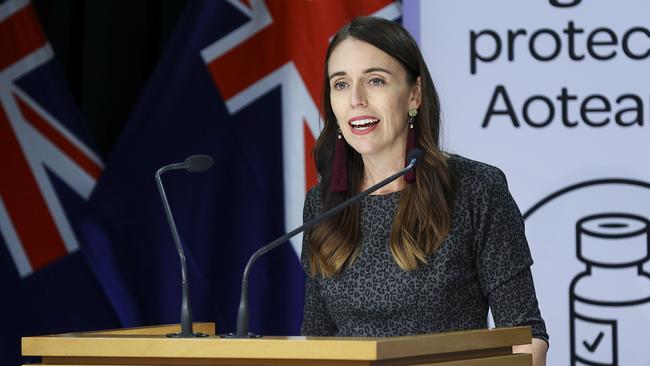 Jacinda Ardern announces the opening of the trans-Tasman bubble. Picture: Getty Images.