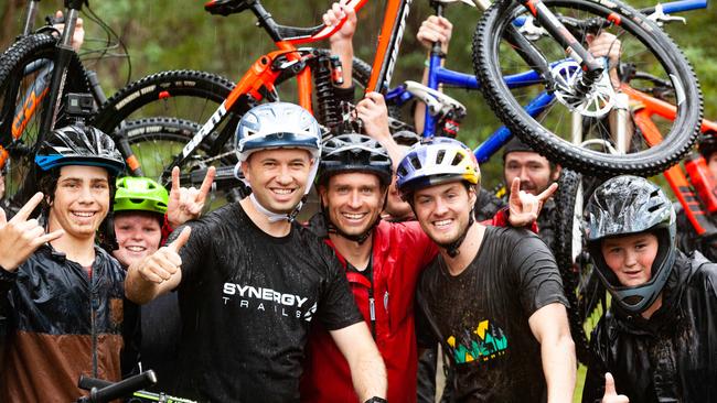 Member for Hornsby Matt Kean with Dan Smith from Synergy Trails and professional mountain biker Matt Jones and local mountain bikers at Hornsby Mountain Bike Trail in Hornsby. The trail will get a 3.6 million dollar upgrade. Picture: AAP IMAGE/Jordan Shields