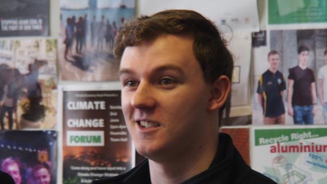 Climate activist Toby Thorpe speaks to the media at Huonville High School on August 6, 2020.