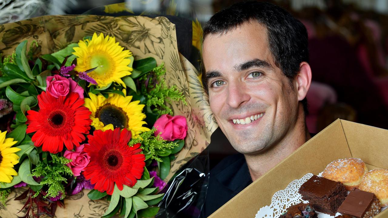 Father of two Codie Kemp is all prepared for Mothers day with a bouquet from Starcut Flowers and deserts from the Delicious and Sweet Bakery. Picture Tony Martin