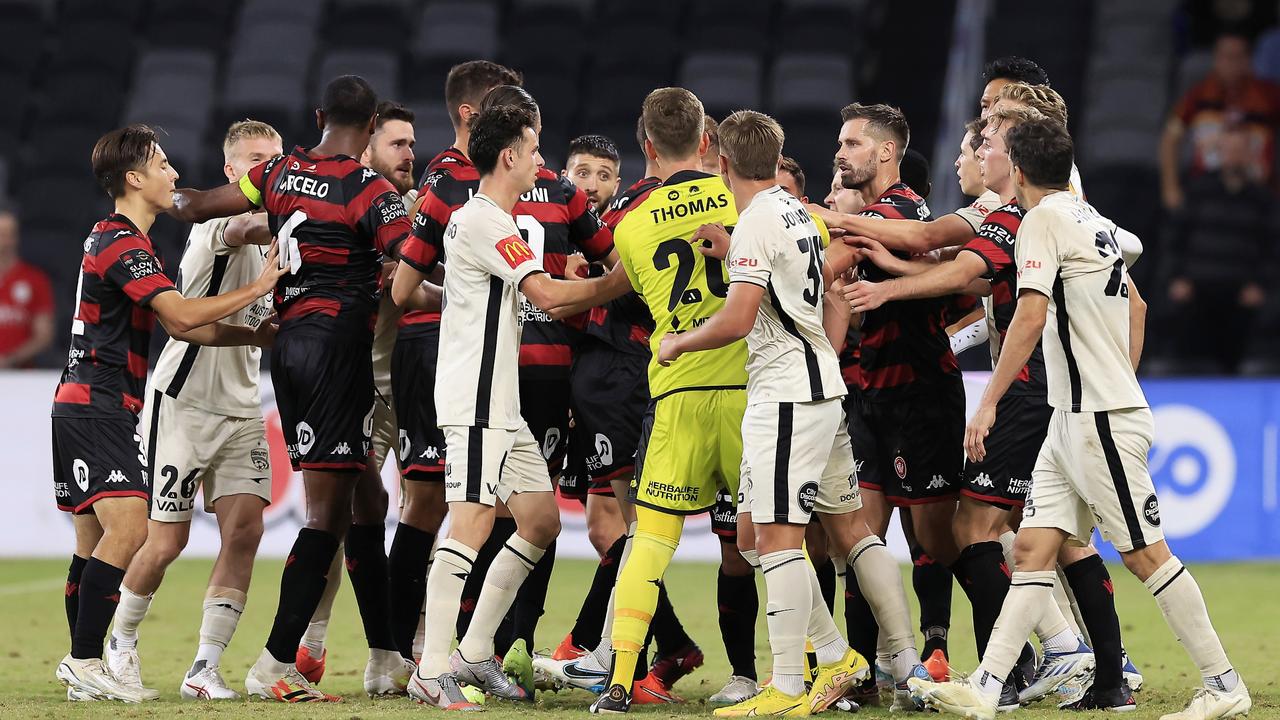 Players brawl during the round 22 A-League Men's match. Picture: Mark Evans