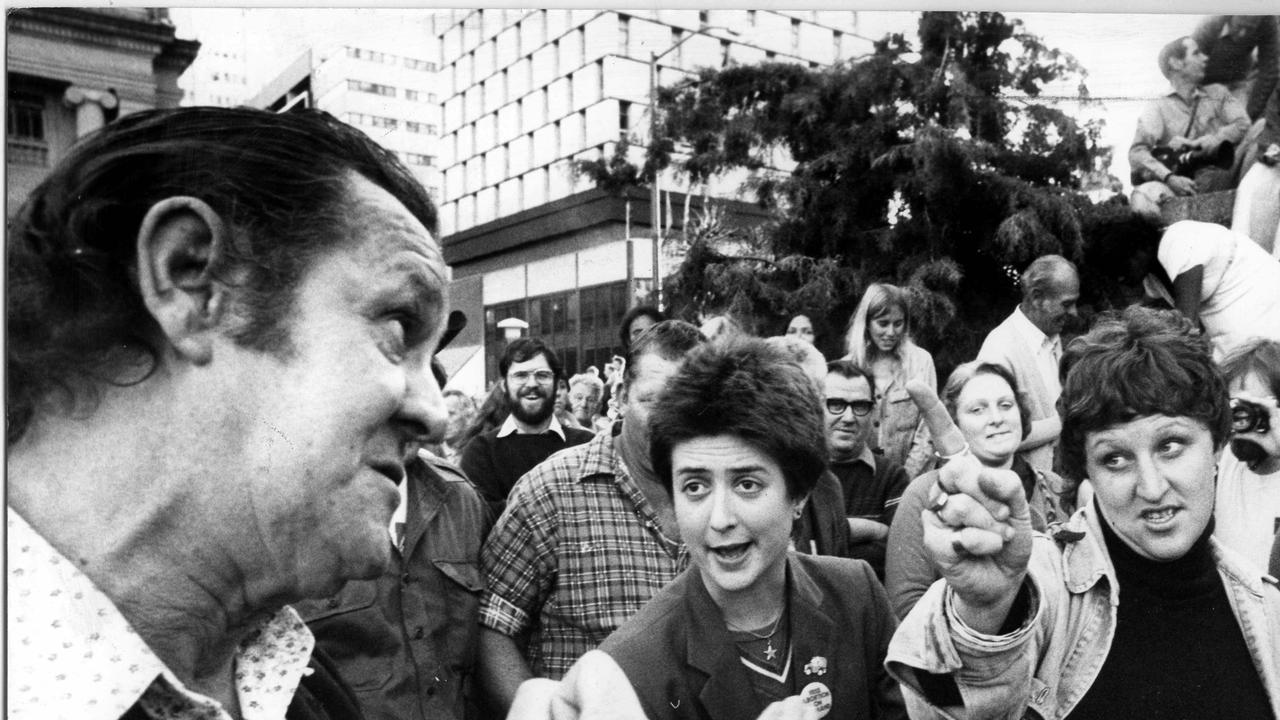 A bystander at King George Square confronts two right-to-march protesters. The man told them he had fought for his country and he was unimpressed with their kind. It was one of many street marches over the years in Brisbane.