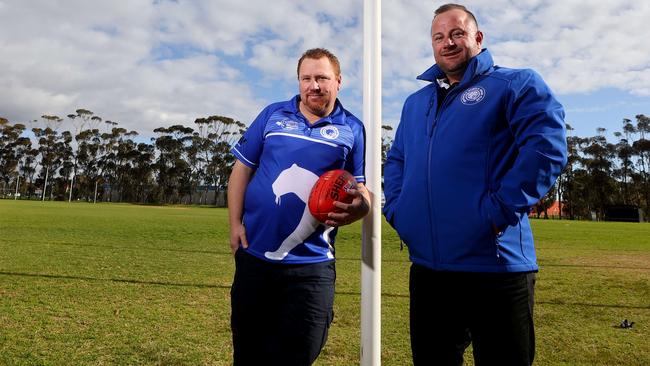 Ryan Hocking – president and Dwayne Nisbet – football development manager are eager for the Smithfield Football Club to return to the Adelaide Footy League in 2023. Picture: Kelly Barnes