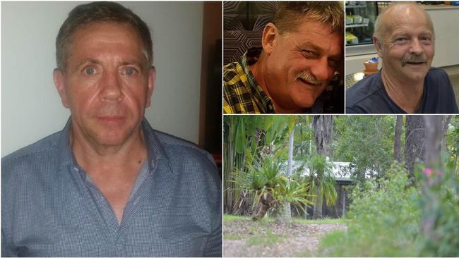 Nambour man Bruce Saunders (left) died at a Goomboorian property in November 2017. Gregory Roser (top left) and Peter Koenig (top right) have faced court this week charged with Mr Saunders' alleged murder. Photos: Contributed