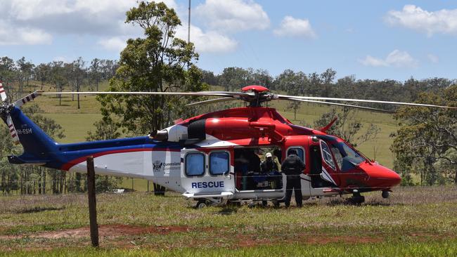 The Queensland Air Ambulance rescue helicopter, pictured in this file photo, was called for the crash. Picture: Cameron Bates