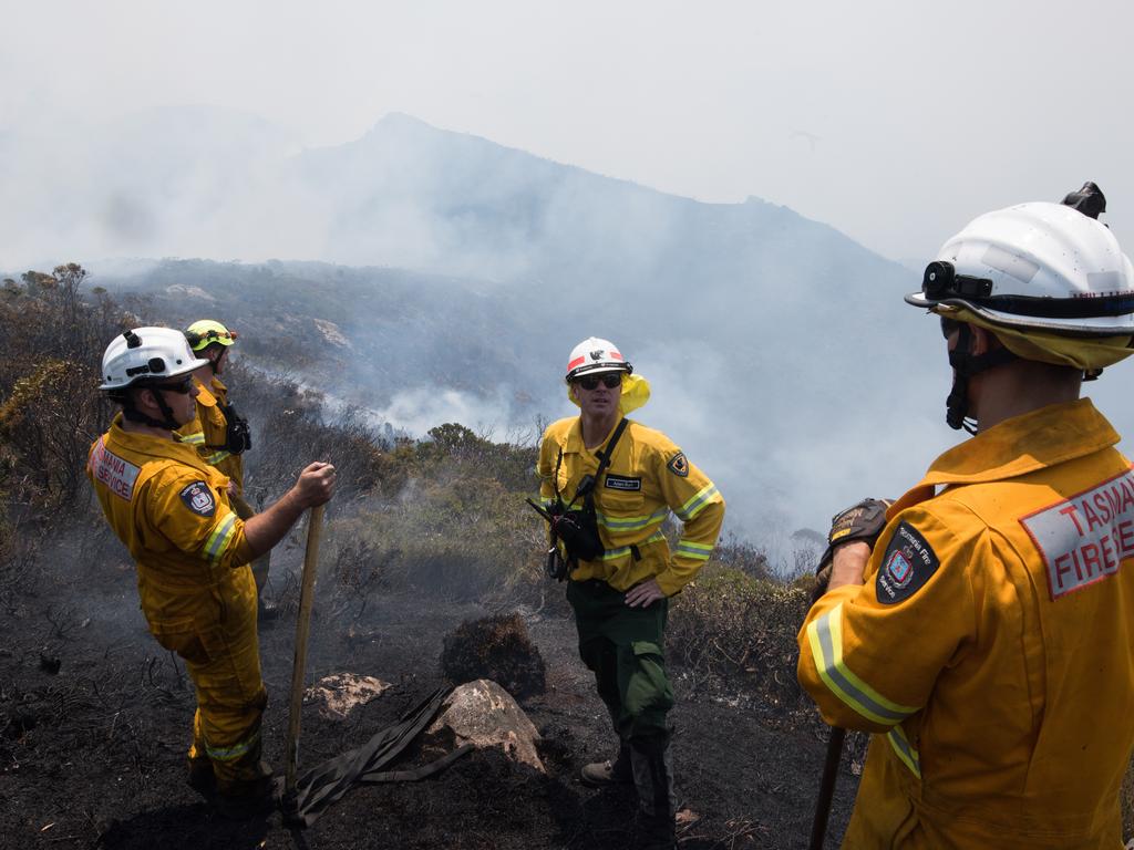 Tasmania Fire Service firefighers at the Gell River fire. Picture: WARREN FREY/TASMANIA FIRE SERVICE