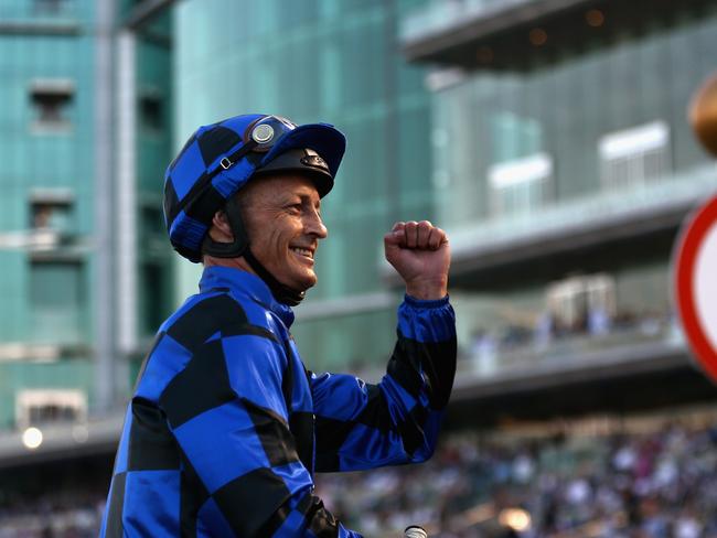 Damian Browne celebrates after riding Buffering to victory in the Al Quoz Sprint at Meydan, Dubai. Picture: Getty Images