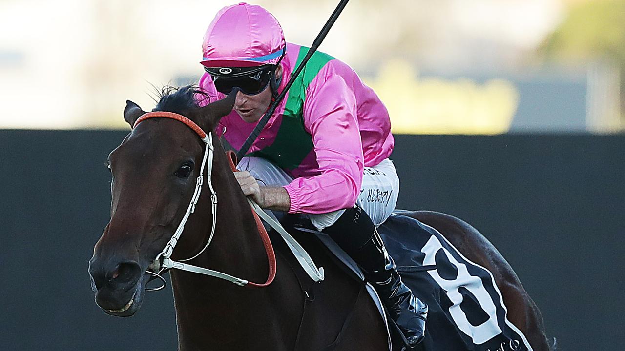 Tommy Berry was pretty in pink on Amangiri in the Hawkesbury Gold Cup. Picture: Getty Images