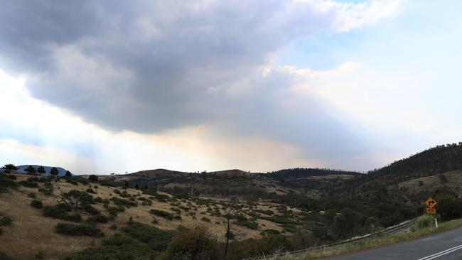 Smoke haze from the fire at Gell River, seen near Glenora. Picture: LUKE BOWDEN