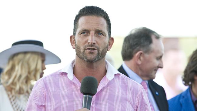 Paul Shailer, representing winning trainer Chris Waller,  talking to the crowd after Sexy Eyes and jockey Robbie Fradd win the 2019 Weetwood Handicap, Saturday, April 6, 2019.