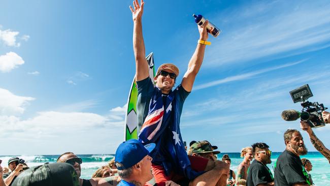 Jack Robinson celebrates his victory in the Pipeline Masters at Oahu, in Hawaii. Picture: Tony Heff/World Surf League