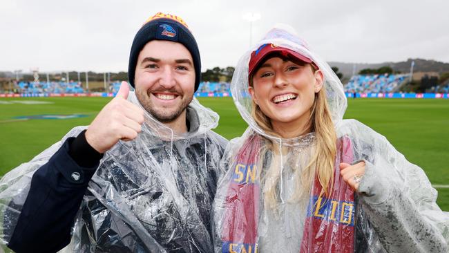 ADELAIDE, AUSTRALIA - APRIL 15: Lions fans enjoy the action during the 2023 AFL Round 05 match between the Brisbane Lions and the North Melbourne Kangaroos at Adelaide Hills on April 15, 2023 in Adelaide, Australia. (Photo by James Elsby/AFL Photos via Getty Images)