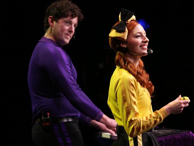 Emma Watkins, right, and Purple Wiggle Lachlan Gillespie on stage. Picture: Getty Images