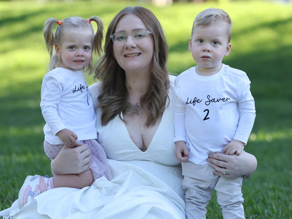 Tara Bishop with her twins Evelyn and Harvey Bishop. Picture: Annette Dew