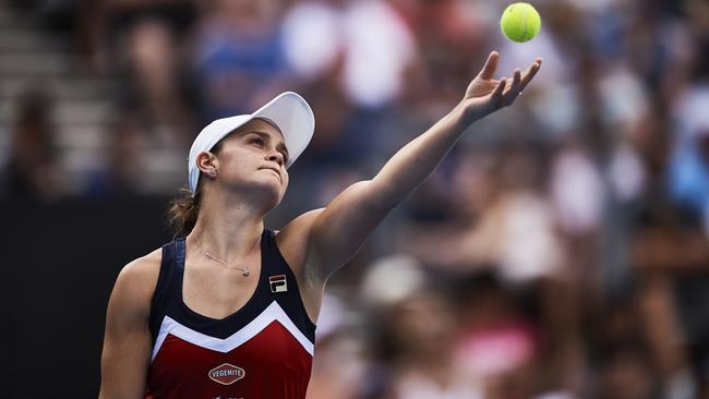 Ash Barty serves in the Sydney International final.