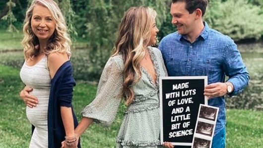 Julie, Breanna and Aaron (L-R) celebrate as their baby draws closer to being born.