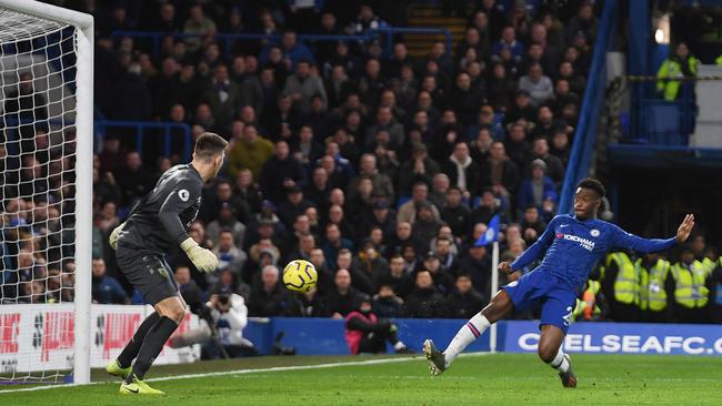 Callum Hudson-Odoi scores Chelsea’s third goal against Burnley at Stamford Bridge. Picture: Getty Images