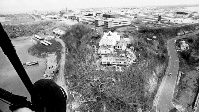 An aerial from a Australian Navy helicopter of Darwin city, with Government House in view after Cyclone Tracy which struck Darwin on Christmas Eve, 1974.