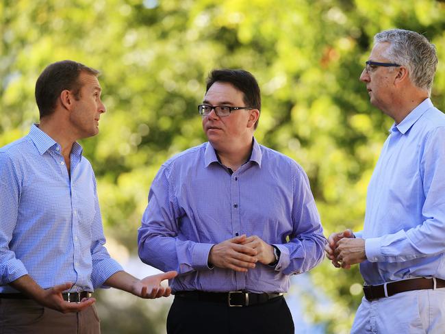 Education Minister Rob Stokes left (pictured with Mr Patruno and NSW Dept of Education secretary Mark Scott), said he backed the new principal to bring the school back in line with Aussie values. Picture: Toby Zerna