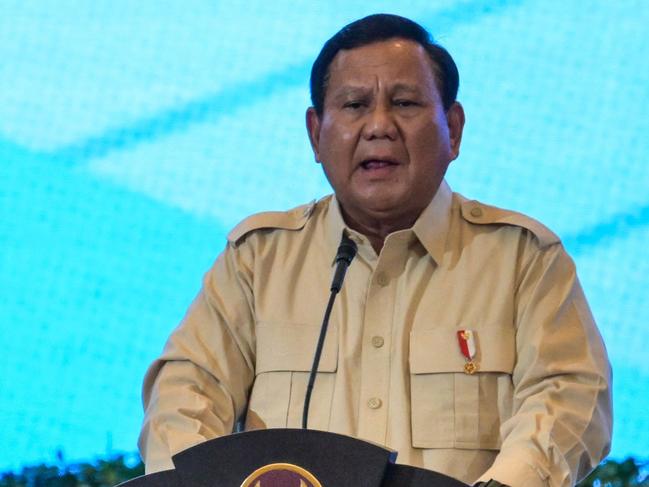 Indonesia's President Prabowo Subianto, also the supreme commander of the Indonesian National Armed Forces (TNI), speaks during the leadership meeting of the TNI and the Indonesian National Police in Jakarta on January 30, 2025. (Photo by BAY ISMOYO / AFP)