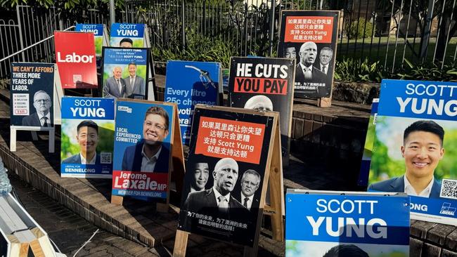 Anti-Scott Yung signs in Bennelong, written in Chinese which warn: “if Morrison disappointed you - Dutton will only get worse. Support Scott Yung... support Dutton.”