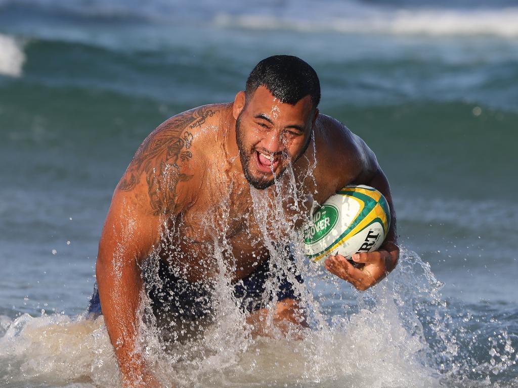 Wallaby new star prop Taniela 'Tongan Thor' Tupou at the beach in Surfers. Picture: Glenn Hampson