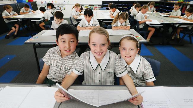 Year 3 students Elie Kim 8, Jasmine Morris, 8, and Teegan Mitchell, 8, are happy with the results. Picture Glenn Hampson