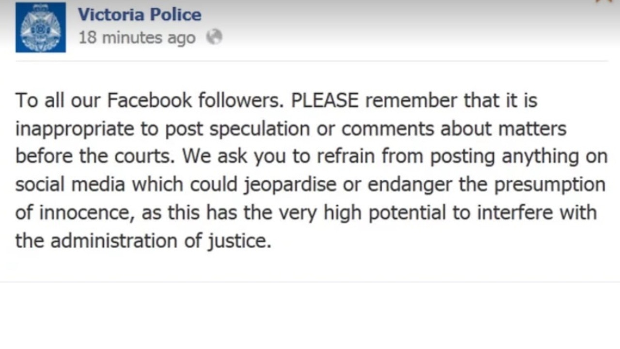 Back in 2012, Victoria Police warned Facebook users of their legal responsibilities following the murder of Jill Meagher. Picture: Facebook