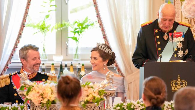 King Harald V of Norway speaks during a gala dinner at the Royal Palace in Oslo, Norway, on May 14, 2024, during the official state visit of King Frederik X of Denmark (L) and Queen Mary of Denmark (2ndL). Picture: AFP