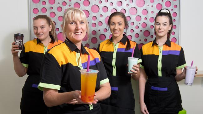 Kool Temptations Cafe co-owner Tanya McKay (front) with bubble tea specialists Joanna Morgan, Kiarna Wolski, and Caitlin Mietzel.