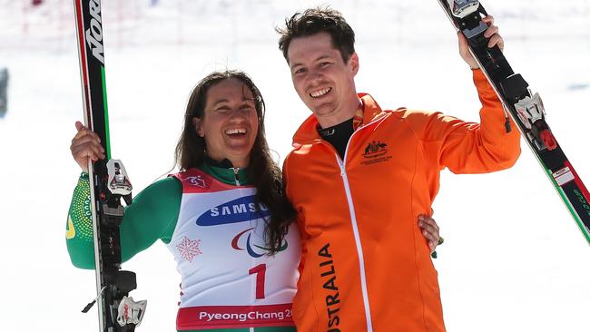 Melissa Perrine her guide Christian Geiger celebrate at the PyeongChang 2018 Paralympic Games.