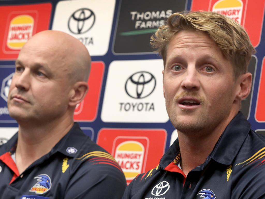 Rory Sloane with coach Matthew Nicks face the media. Picture: Dean Martin