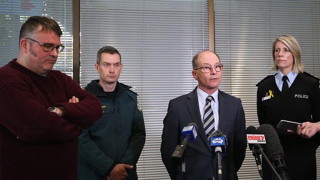 ED Specialist and STA SAFE representative Dr David Caldicott, ACT Ambulance’s Toby Keene, ACT Chief Health Officer Dr Paul Kelly and Chief Police Officer for the ACT Justine Saunders at a press conference after Australia’s first pill testing trial at Groovin the Moo.