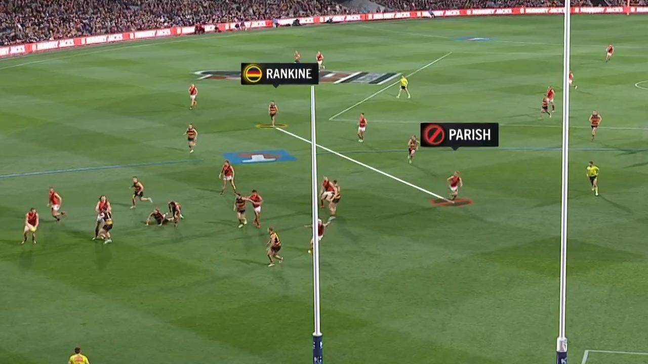 Fox Footy highlights Rankine’s effort compared to Parish. Photo: Fox Footy