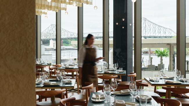 The river view from one of the dining rooms in the labyrinth of spaces at Babylon Brisbane in the CBD.